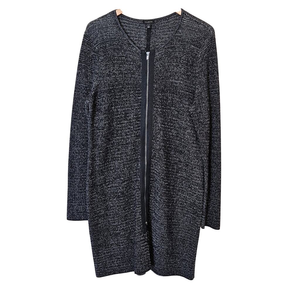 Talbots Cardigan Black Marled Duster Zipper Women's Size Large Office Work Layer